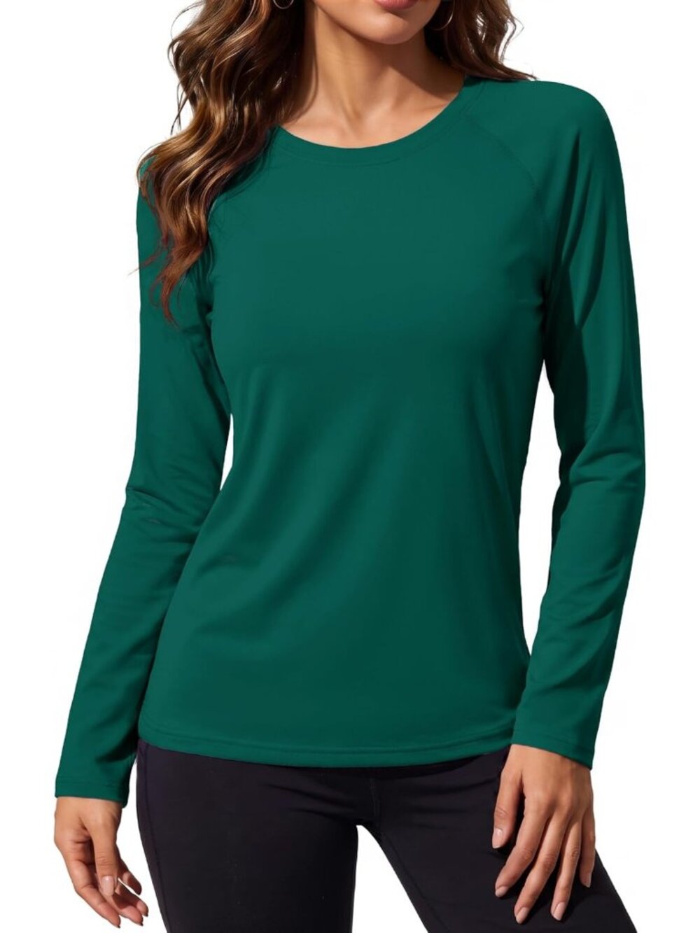 Women's Emerald Green Long Sleeve Crew Neck Warm Undershirts Casual Tops Shirts